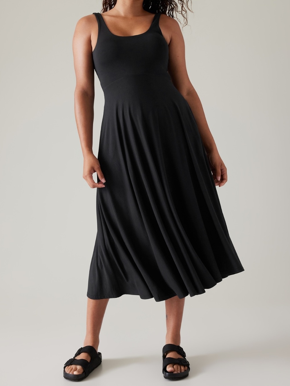 Athleta Santorini Midi Dress Size Large Black Sleeveless Stretch Fit and Flare